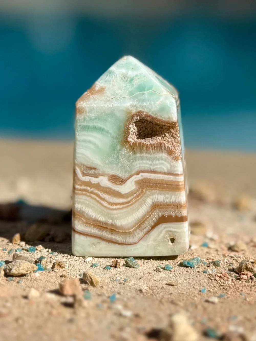AAA Caribbean Blue Green Banded Aragonite Calcite Crystal Tower
